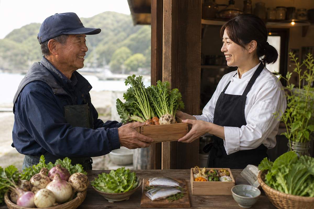 三重の食材を受け取るシェフ